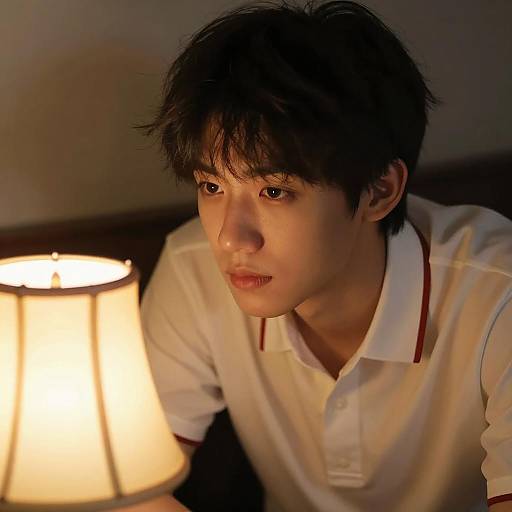 Focused Young Man Illuminated by Vintage Lamp