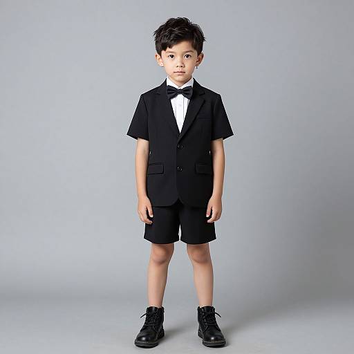 Photograph of a young Asian boy with short black hair, wearing a black suit, white dress shirt, black bow tie, black shorts, and black