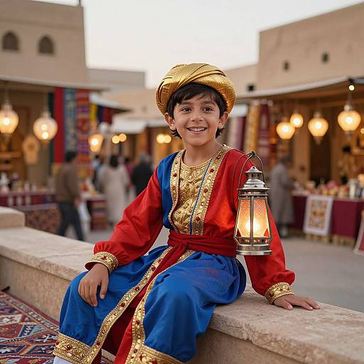 Photograph of a smiling young boy in traditional Middle Eastern attire, red and blue robes, gold trim, holding a lantern, sitting on a stone ledge