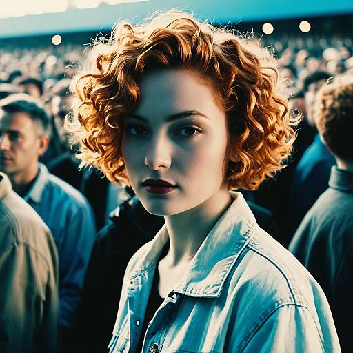 Portrait of Woman with Curly Ginger Hair in Crowd