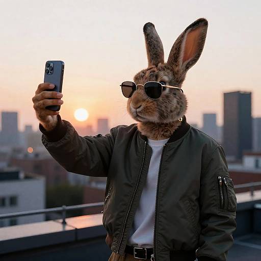 Anthropomorphic Rabbit Taking Selfie at Sunset