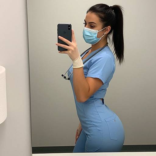 Photograph of a fit, brunette woman with a high ponytail, wearing blue medical scrubs, mask, and gloves, taking a mirror selfie in