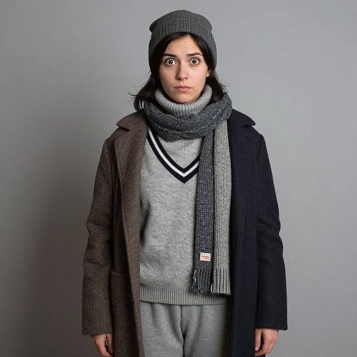 Photograph of a surprised young woman with light brown skin, black hair, wearing a gray beanie, scarf, gray V-neck sweater, black coat