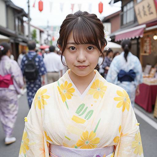 Photograph of a young Japanese woman with dark hair in a floral yellow kimono, standing in a bustling street market with people in traditional attire and red
