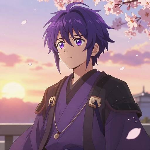 Anime-style digital drawing of a purple-haired male with large purple eyes, wearing a black and purple kimono, standing under cherry blossom branches at sunset.
