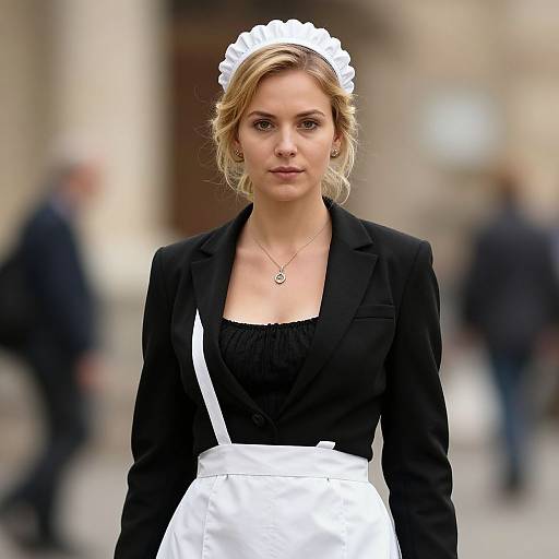 Photograph of a blonde woman in a black blazer, white maid apron, and headpiece standing in a blurred urban street.