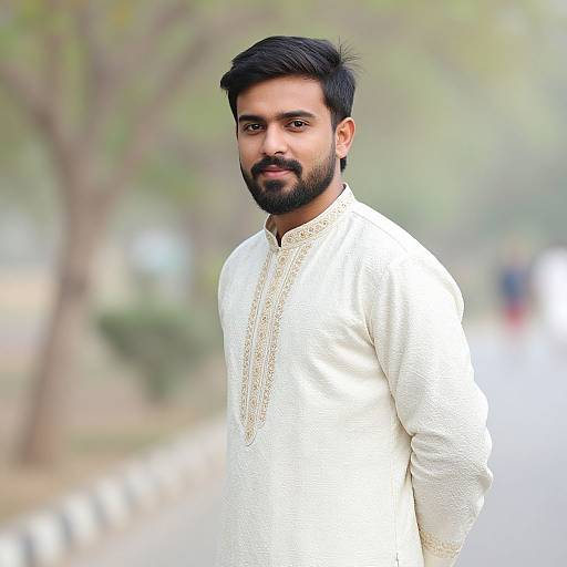 Photograph of a bearded South Asian man with dark hair, wearing a white embroidered traditional kurta, standing outdoors with a blurred tree and pathway background