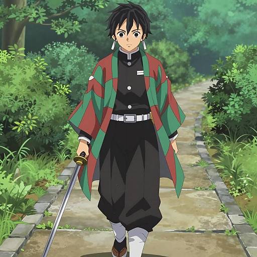 Anime Young Man with Katana on Stone Path