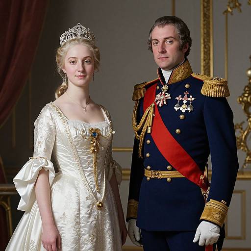 Photograph of a regal couple: a blonde princess in a white, ornate gown with tiara, and a dark-haired prince in a navy