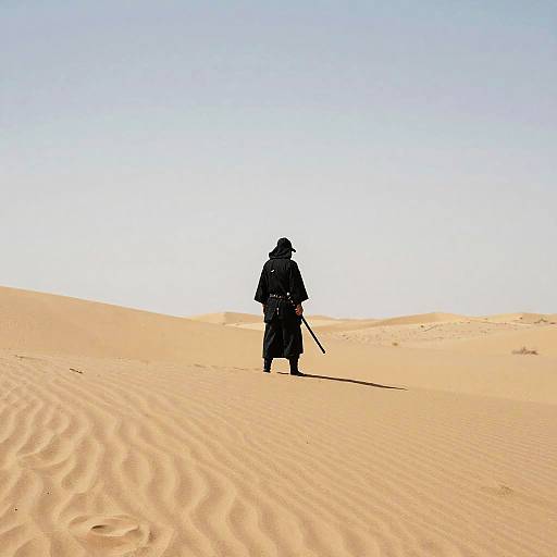 Silhouetted figure in dark robes and hat stands alone in vast, rippled desert under bright blue sky, holding a staff.