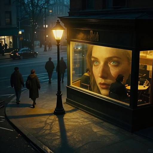 Photograph of a dimly lit street at dusk, featuring a restaurant window with a large, illuminated portrait of a woman with piercing blue eyes, surrounded