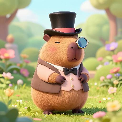 CGI cartoon hamster in a top hat and monocle, wearing a bowtie and brown vest, stands on sunny grassy garden path.