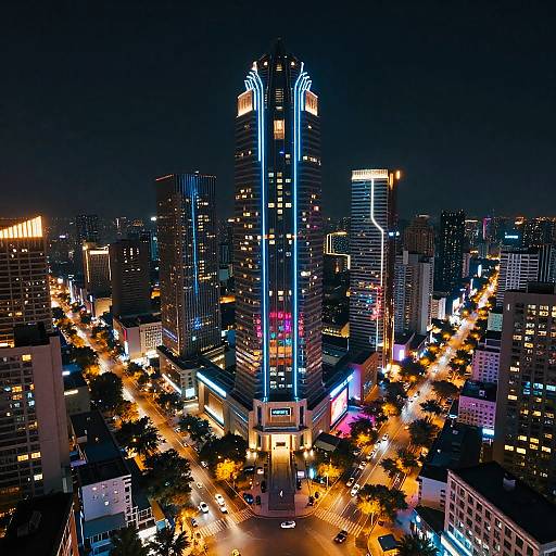 Nighttime aerial photograph of a brightly lit, futuristic cityscape with neon-lit skyscrapers, glowing blue and pink accents, and bustling streets lined