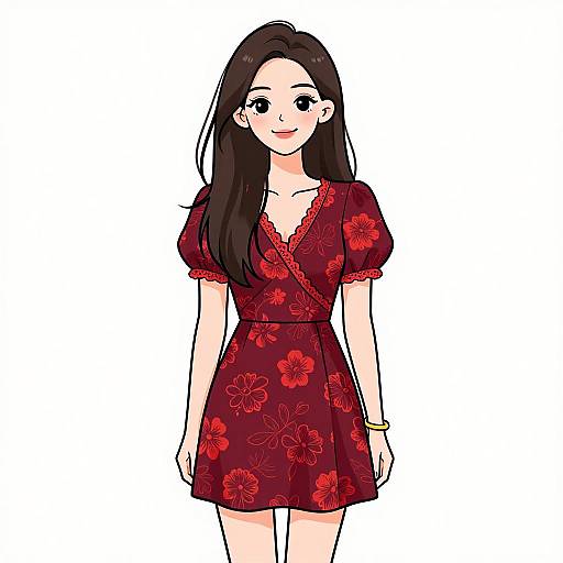 Digital anime-style drawing of a smiling young woman with long black hair, wearing a red floral dress with puffed sleeves.