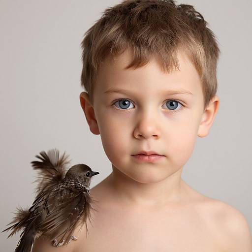 Photograph of a young boy with short brown hair and blue eyes, shirtless, with a small, dark brown bird perched on his shoulder against
