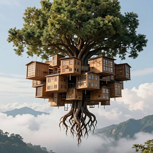 Photorealistic digital artwork of a tree with multiple wooden, multi-story houses nestled in its branches, set against a misty mountain backdrop.
