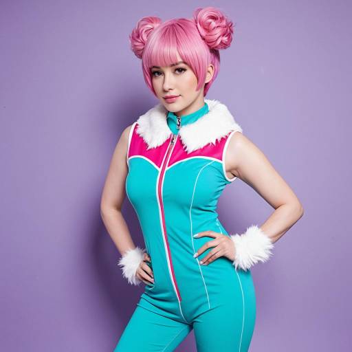 Cosplay Woman in Pink Hair and Aqua Jumpsuit
