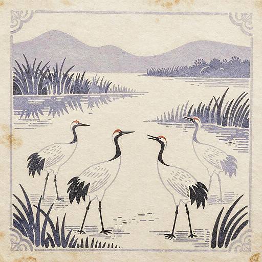 Woodcut Cranes Dancing in Wetland