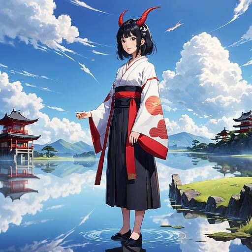 Anime-style drawing of a black-haired girl with red horns, wearing a white kimono with red sleeves and black hakama, standing in a serene lakes