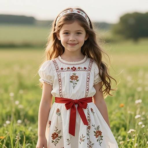 Photograph of a young girl with long brown hair, wearing a white floral dress with red ribbon, standing in a sunny meadow.