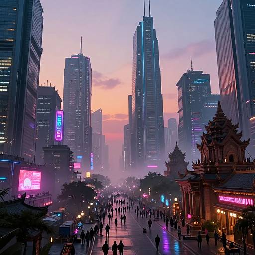 Photograph of a futuristic urban cityscape at sunset, featuring towering skyscrapers with neon lights, a bustling street with silhouetted pedestrians,