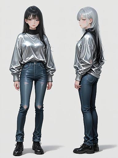Young Woman in Metallic Silver Sweatshirt and Black Denim Jeans