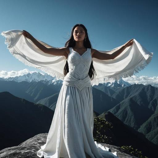 Woman in White Dress on Mountain Peak
