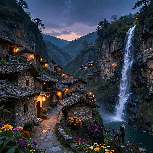 Fantasy Mountain Village at Twilight