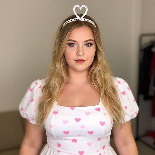 Photograph of a blonde woman with fair skin, wearing a white dress with pink heart patterns, and a sparkly heart-shaped tiara, standing against