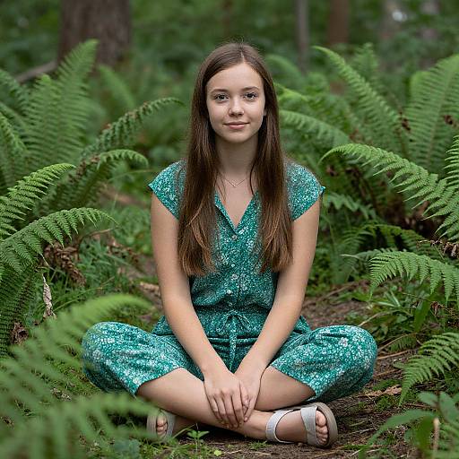 Photograph of a young white woman with long brown hair, wearing a sparkly teal dress, sitting cross-legged in a forest of green ferns.