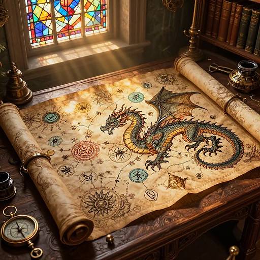 Vintage-style drawing of a detailed, colorful dragon on aged parchment, illuminated by stained glass window light, on a wooden desk.