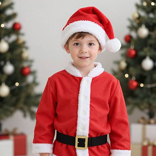 Photograph of a cute, young boy in a red Santa outfit with white trim, black belt, and Santa hat, standing in front of two decorated