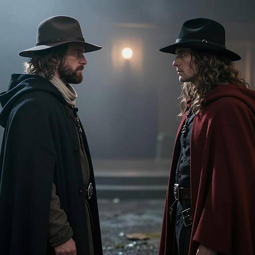 Two Men Facing Each Other in Cloaks and Hats