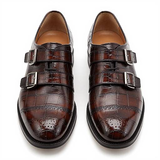Photograph of two polished, dark brown, crocodile-embossed dress shoes with two silver buckles, positioned side by side on a white background
