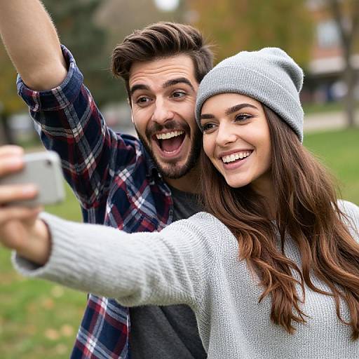 Photograph of a smiling young couple taking a selfie outdoors; man in plaid shirt, woman in gray sweater and beanie.