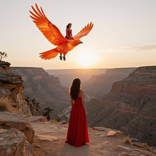 Photograph of a woman in a red dress, standing on a cliff, watching a bright orange bird with outstretched wings flying at sunset over a
