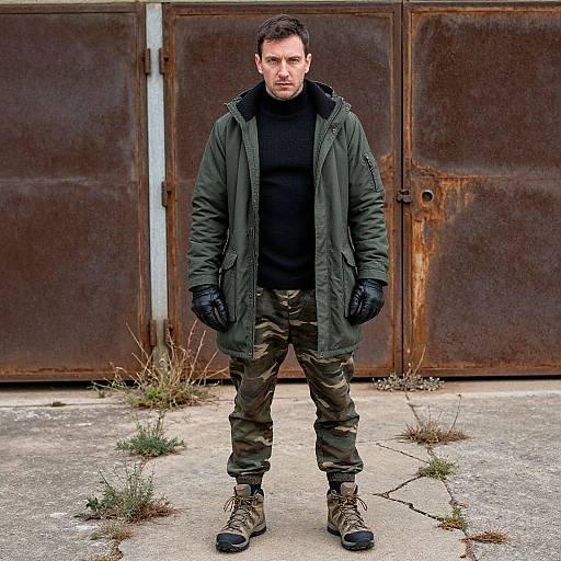 Photograph of a serious-looking man in a green jacket, black turtleneck, camo pants, black gloves, and brown boots, standing in