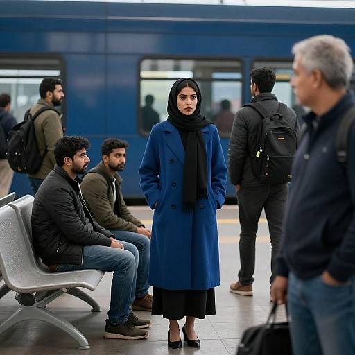 Determined Woman at a Bustling Bus Station
