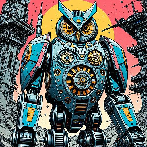 Futuristic Giant Droid Owl with Castle Elements