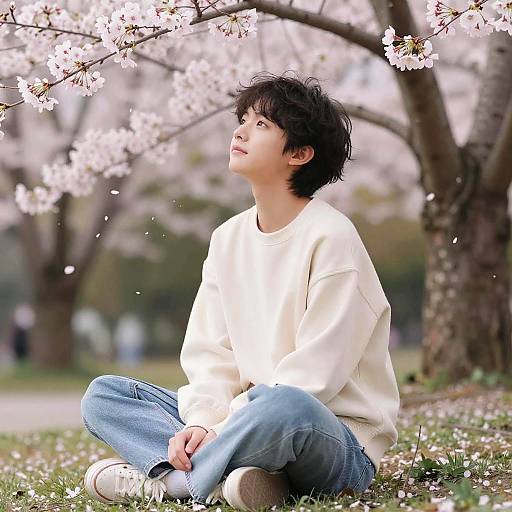 Photograph of a young Asian man with short, curly black hair, sitting cross-legged under cherry blossom trees, wearing a white sweatshirt and blue jeans