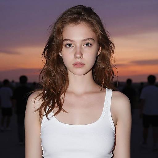 Photograph of a young woman with wavy brown hair, pale skin, and blue eyes, wearing a white tank top, against a sunset sky with