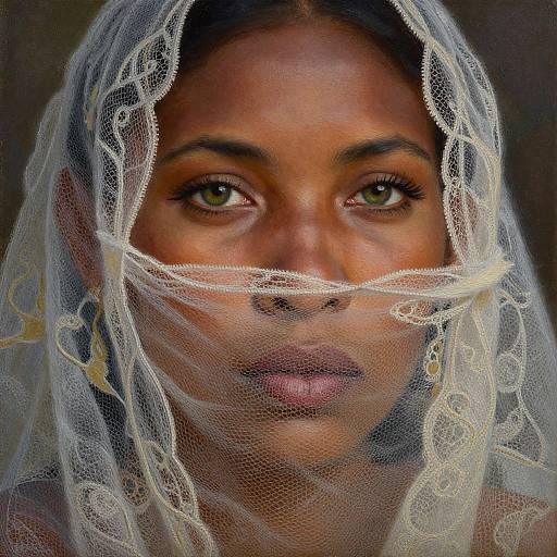 Photograph of a dark-skinned woman with green eyes, wearing a delicate white lace veil that partially covers her face, revealing a serious expression. Background