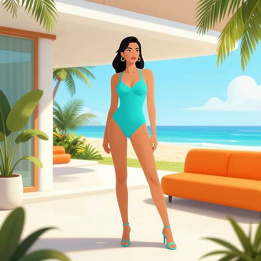 Stylish Woman in Turquoise Beach House