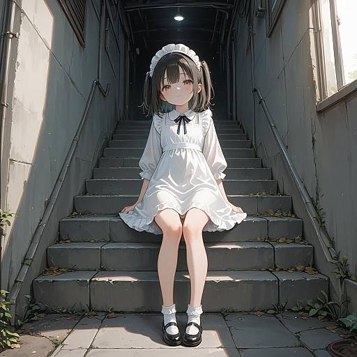 Anime Style Girl in Maid Dress Sitting on Stairs
