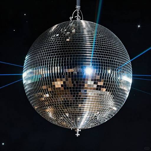 Photograph of a shiny, reflective disco ball with small mirror tiles, hanging against a dark, starry background, with bright white light reflections.