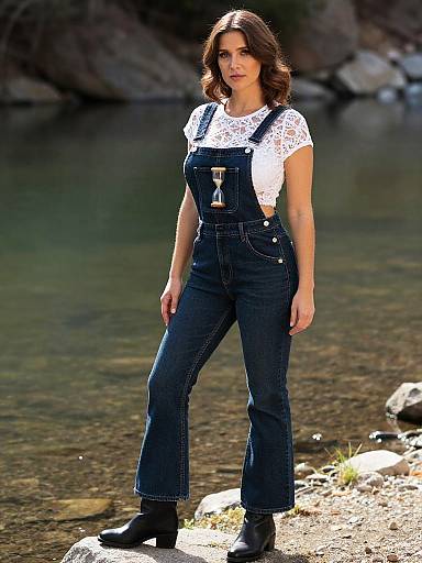 Photograph of a woman with brown hair, wearing a white lace top, dark blue denim overalls, black ankle boots, standing by a shallow,