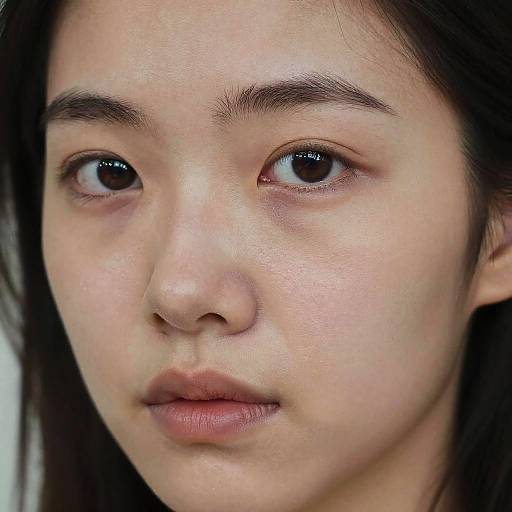 Close-up photograph of an Asian woman with fair skin, dark eyes, and straight black hair, showing a neutral expression. Her eyebrows are dark and slightly