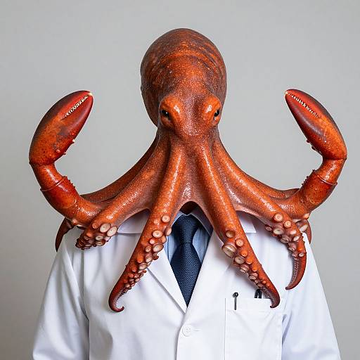 Photograph of a person wearing a white lab coat and black tie, with a realistic, orange-red octopus head instead of a human head.