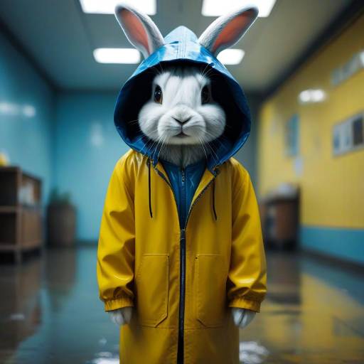 Solo Rabbit in Yellow Raincoat Stands Out