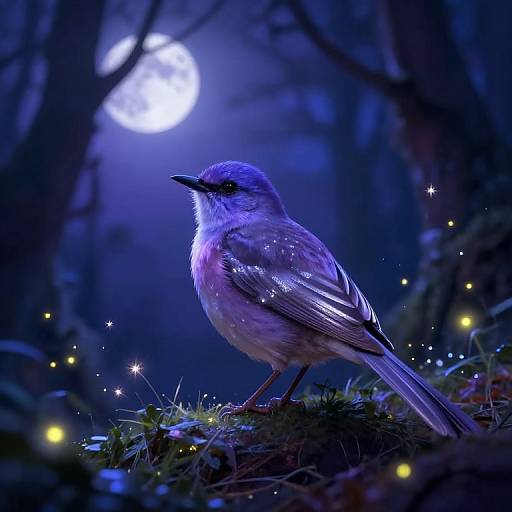 Photograph of a small, glowing bird with iridescent feathers, standing on mossy ground under a full moon in a mystical, blue-lit